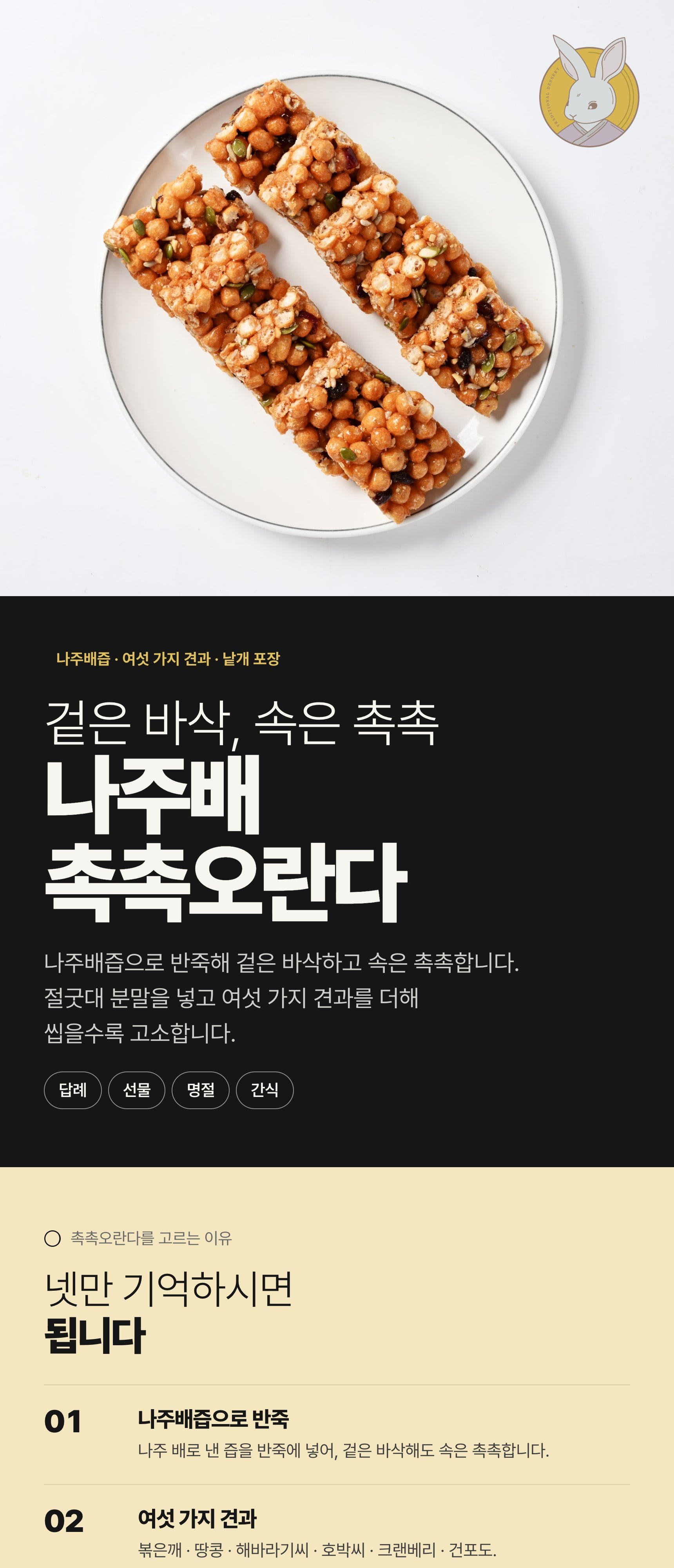 나주배 촉촉오란다 상세 — 나주배즙 반죽·여섯 가지 견과·재료·보관·제품정보 (1/5)