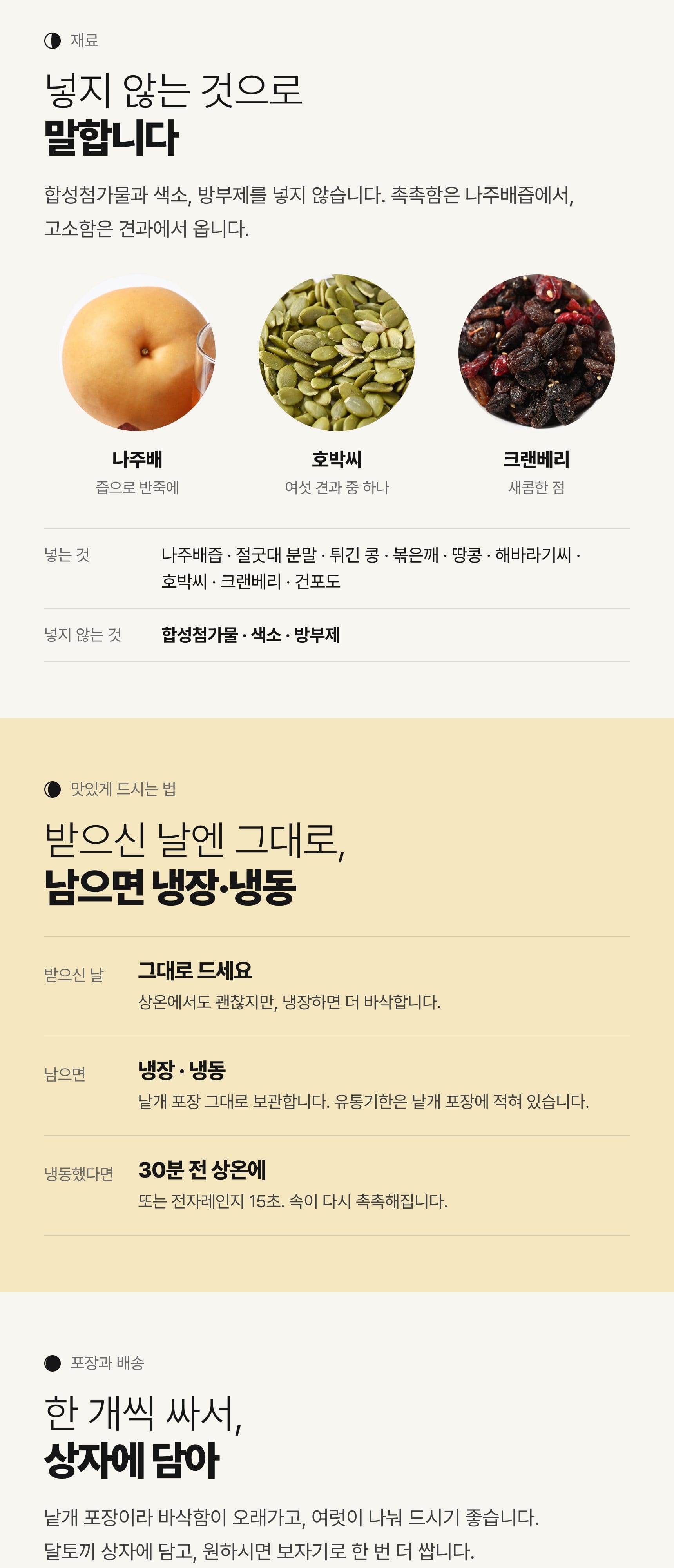 나주배 촉촉오란다 상세 — 나주배즙 반죽·여섯 가지 견과·재료·보관·제품정보 (4/5)